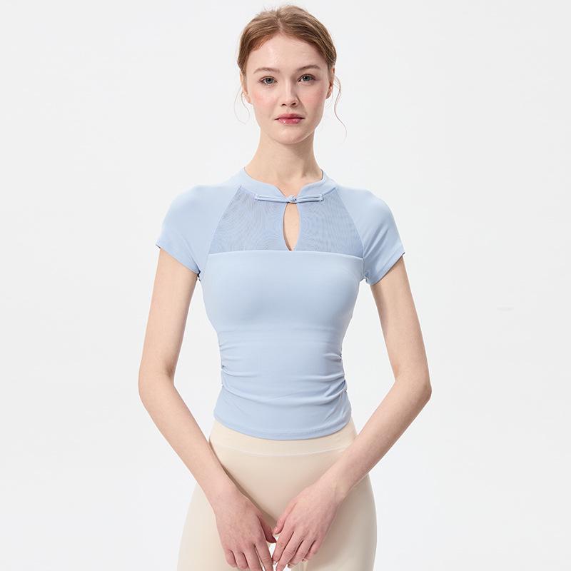 Chinese Style Quick-Dry Yoga Top: Short Sleeve, Side Ruched, Slim-Fit with Chest Pad for Fitness