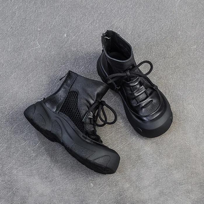 Johnature Cizme din piele naturală cu decupaje, retro, lucrate manual, cu vârf rotund, respirabile, pentru femei, cu talpă groasă