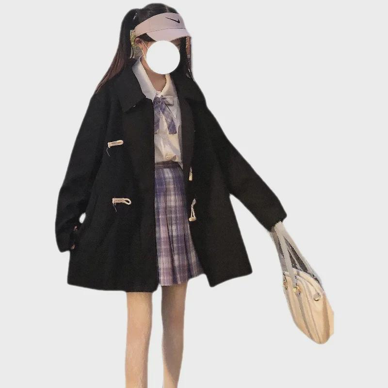 2022 Mid-Length Woolen Duffle Coat for Female Students, Japanese Style, Autumn/Winter