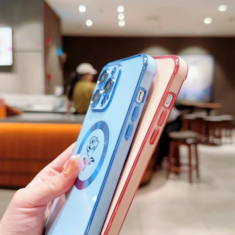Etui z ramką 6D, z kwiatem róży z boku, dla iPhone 15 14 Plus 11 13 12 Pro Max, wstrząsoodporne, z możliwością ładowania bezprzewodowego, silikonowe, magnetyczne