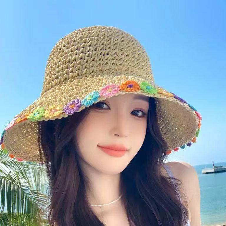 Floral Pattern Wide Brim Straw Hat With Adjustable Fit For Summer Outdoor Wear