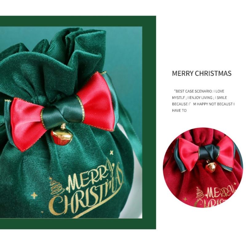Reusable Holiday Velvets Treat Pouch Drawstring Gift Bag With Bowknot And Bell Christmas Party Decoration Accessories