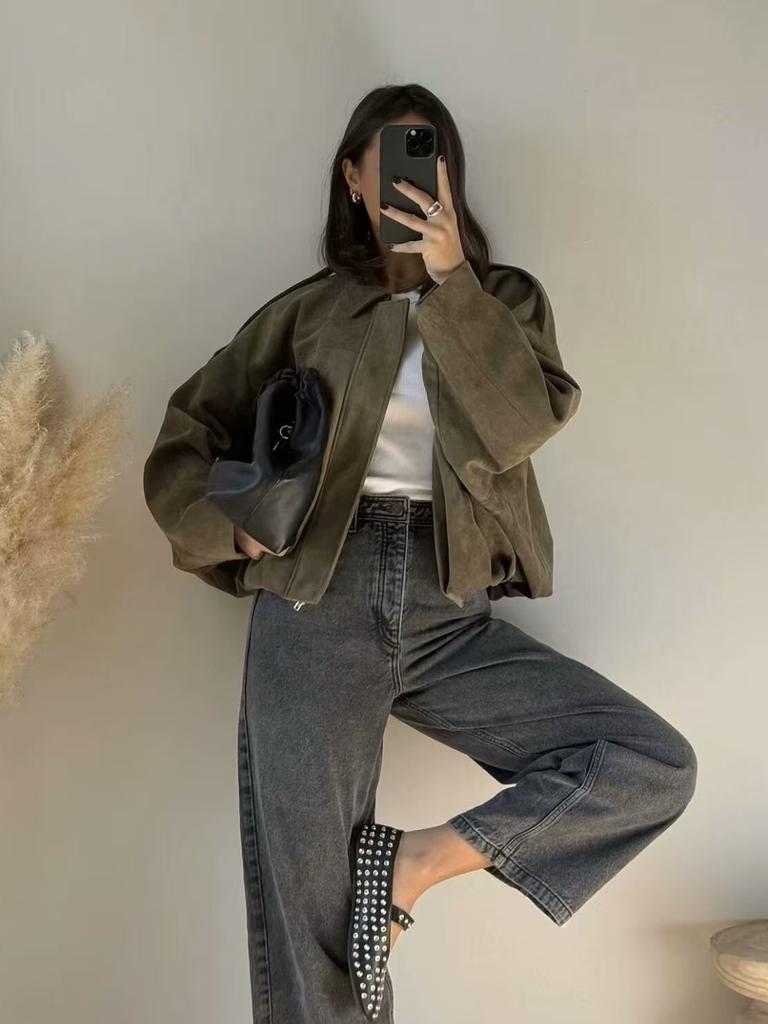 Women's Spring Autumn Faux Suede Lambskin Collar Zip-Up Pilot Jacket Coat