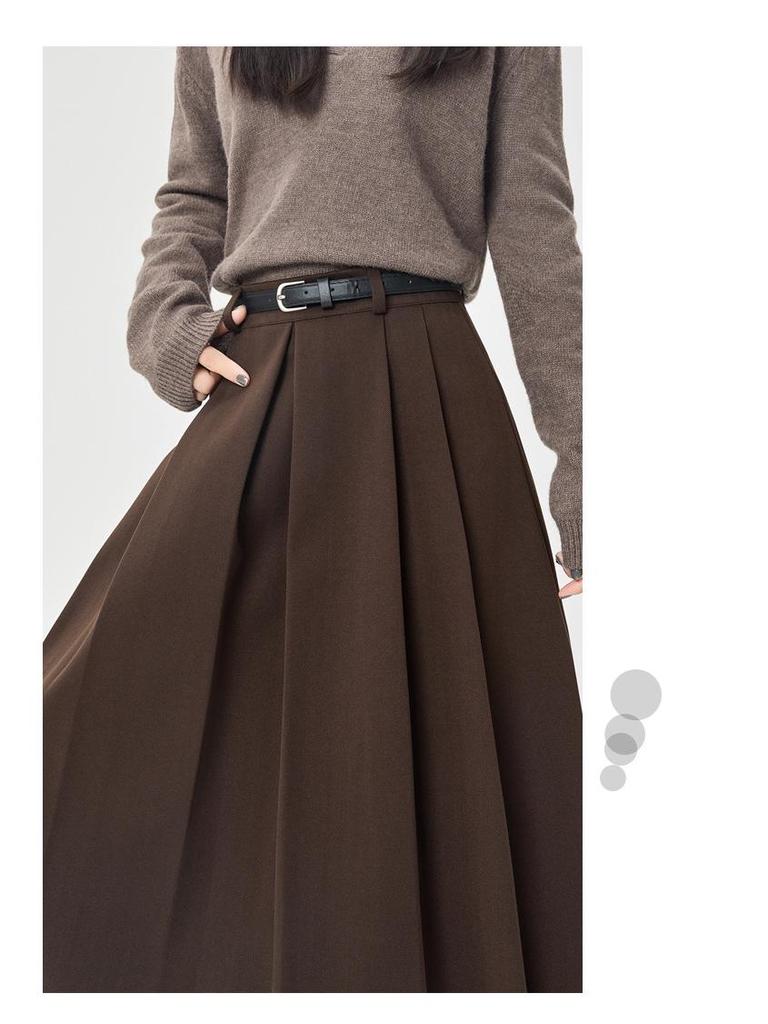High-Waisted Coffee Wool Skirt for Women, Autumn-Winter Style, Pleated A-Line, Petite Fit, Mid-Length, Perfect Drape