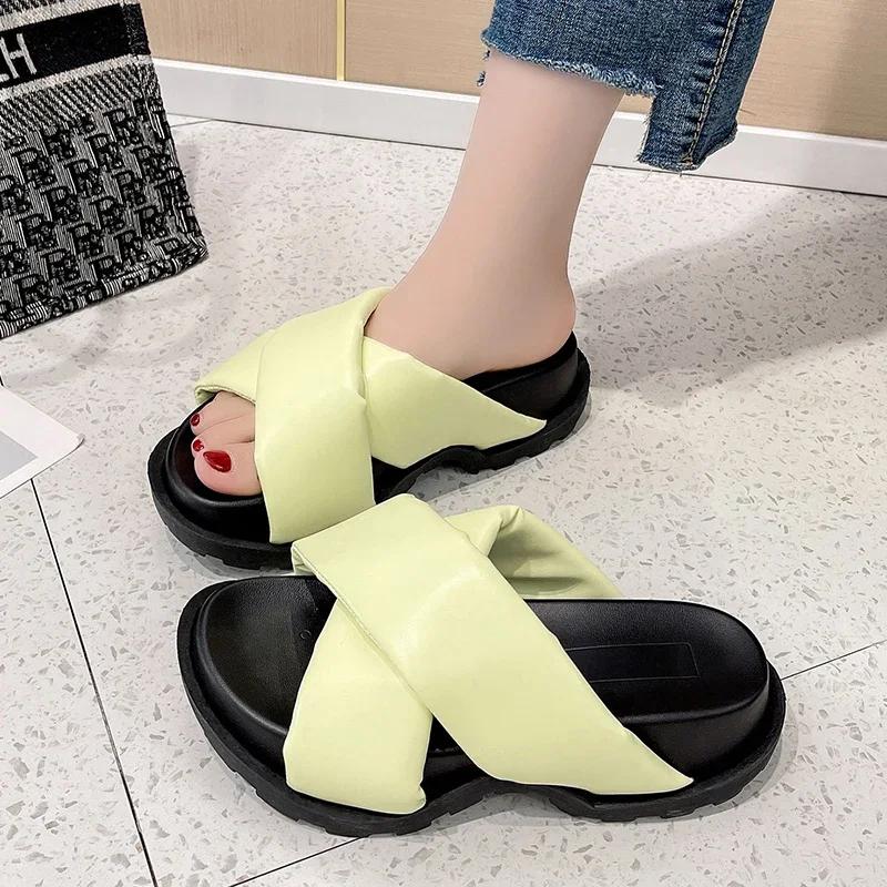 Mode Koreanischer Stil Kreuzriemen Dicke Sohle Hausschuhe Damenmode Sommer Klobige Plateausandalen Frau Outdoor Rutschfeste Pantoletten Mujer
