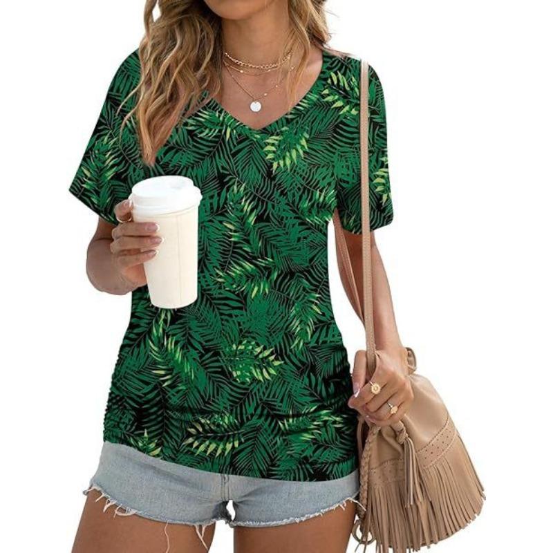

Женская летняя повседневная футболка с короткими рукавами и V-образным вырезом, присборенная на талии рубашка со складками по бокам XXXL