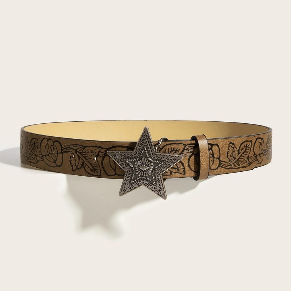 Women Faux Leather Belt With Flower Petal Print And Star Snap Button Fashion For