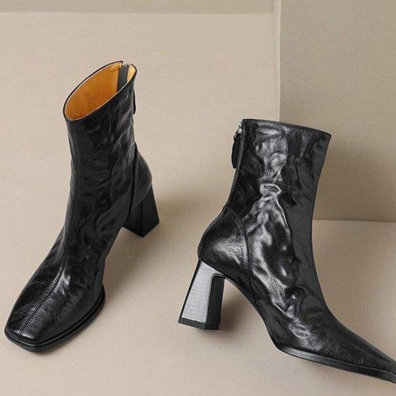 Retro fashion square head thick heel short boots women's 2025 autumn and winter new soft leather high heel versatile thin Martin boots