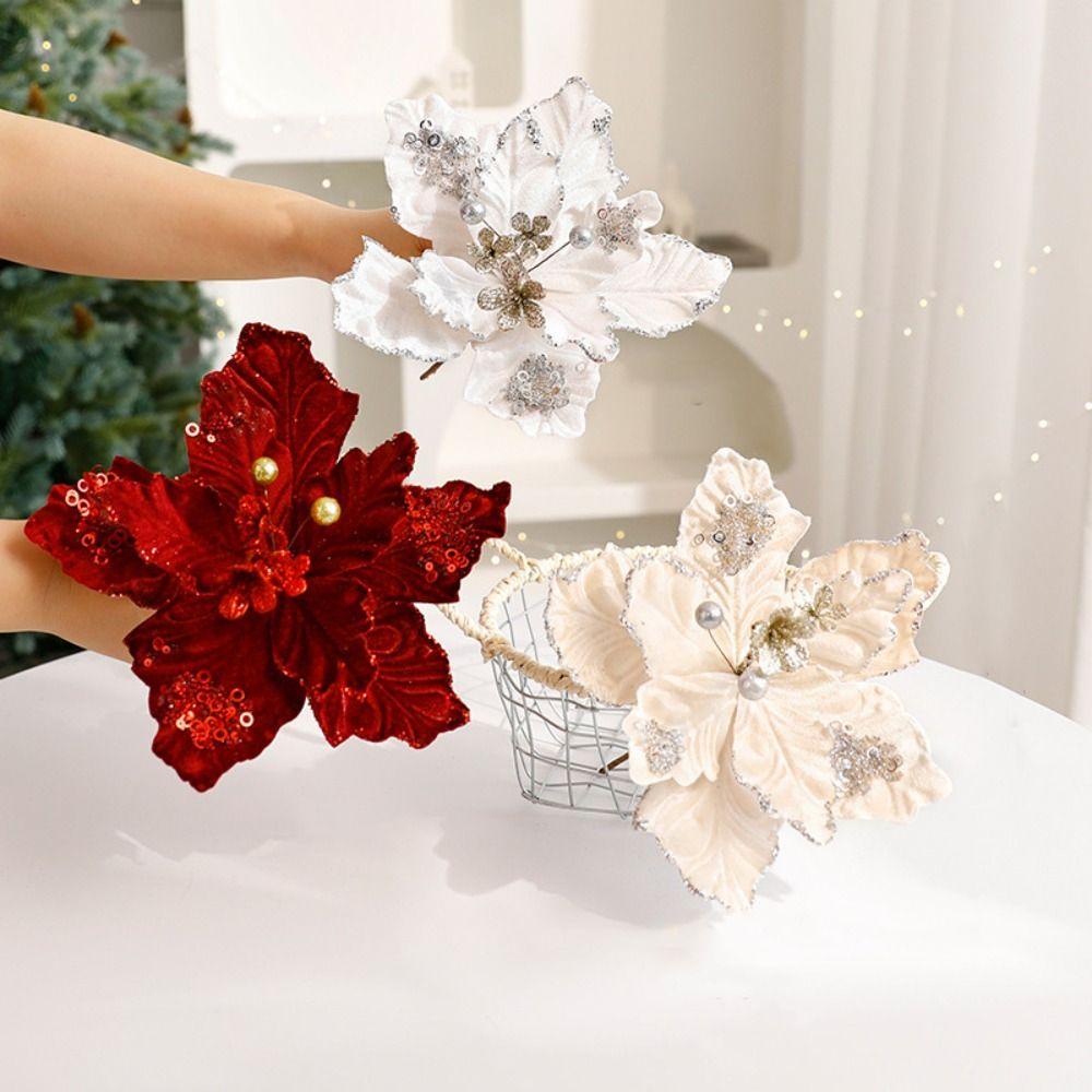 Flower Head Artificial Christmas Flowers Multi-color Handmade Simulated Christmas Flower DIY Glitter Xmas Tree Ornaments