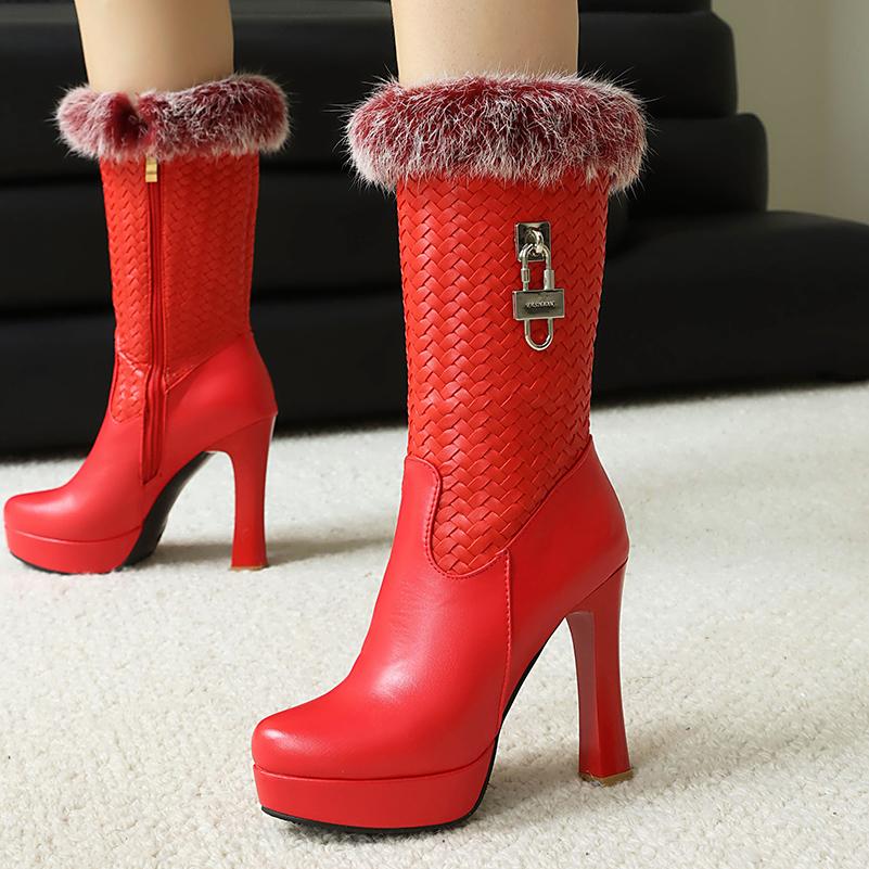 Plus Size Woven Microfiber Splicing Fur Splicing PU Ultra-High Hollow Mid-Calf Boots Metal Lock Decoration Platform Sweet Boots
