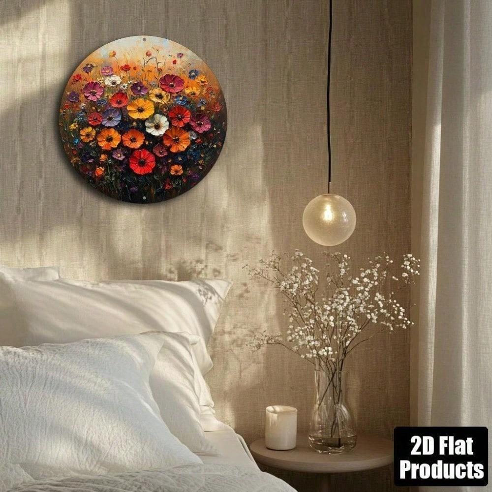 3D Metal Wildflower Wall Art 8x8 Inch Round Aluminum Sign 2D Floral Plaque for Home Kitchen Decor Cafe Office