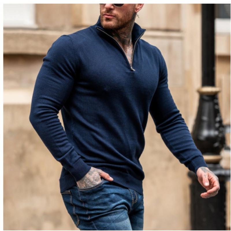 Men S Solid Color Half Zip Stand Collar Long Sleeve Knit Sweater