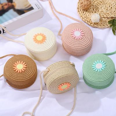 Children Shoulder Bag Straw Woven Flower Decor Pastoral Style Crossbody Bag Zipper Closure Adjustable Strap Sling Bag for Daily Party Work Dating