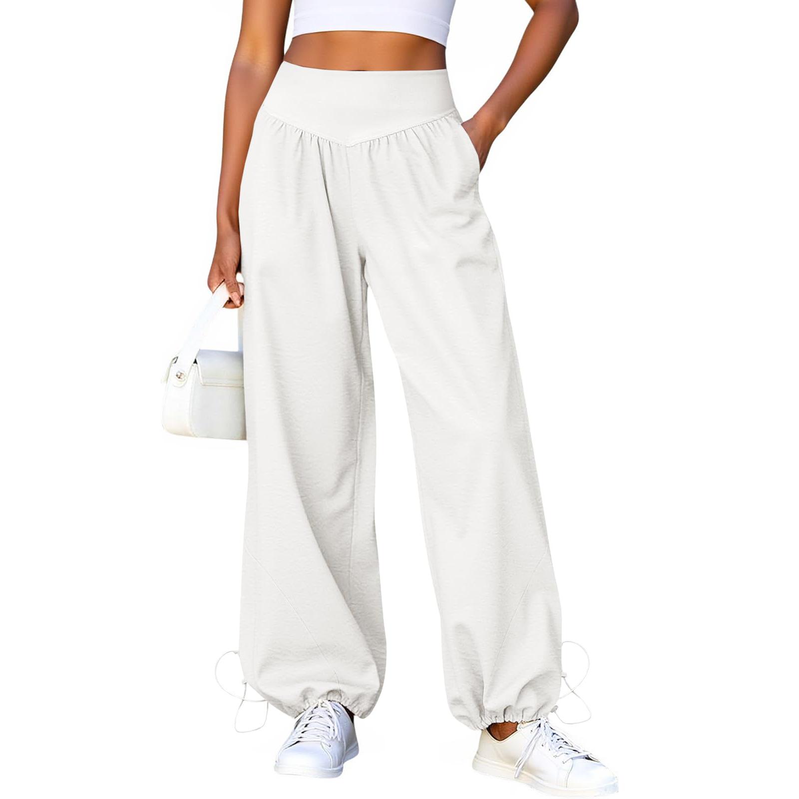 

Women Elastic High Waist Pant Casual Fit Wide Leg Long Pants Trousers With Pockets XL білий