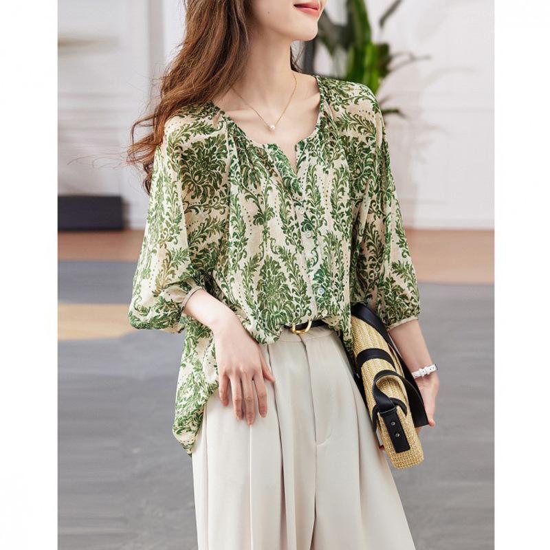 

Рубашка Commuter с принтом в складку, летняя, новая, с V-образным вырезом, короткими рукавами, шифоновая, женская, топ XL зелёный