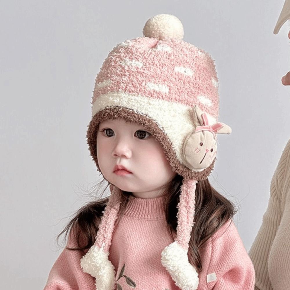 Baby-Ohrenschutzmütze aus Korallenvlies, Cartoon-Motiv, weiche Kindermütze für draußen