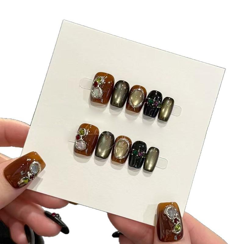Trendy Handmade Maillard Brown Cat Eye Manicure: Short Style, High-End Autumn/Winter Fake Nails