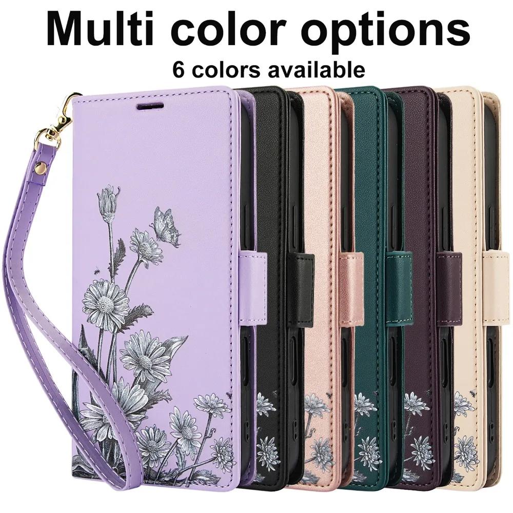 Flip Wallet with Card Holder Phone Case for IPhone 16E 16 15 14 Plus 13 12 11 Pro Max XS XR X 7 8 Wrist Strap Leather Cover