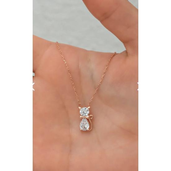 925 Sterling Silver White Zircon Stone Cat Necklace