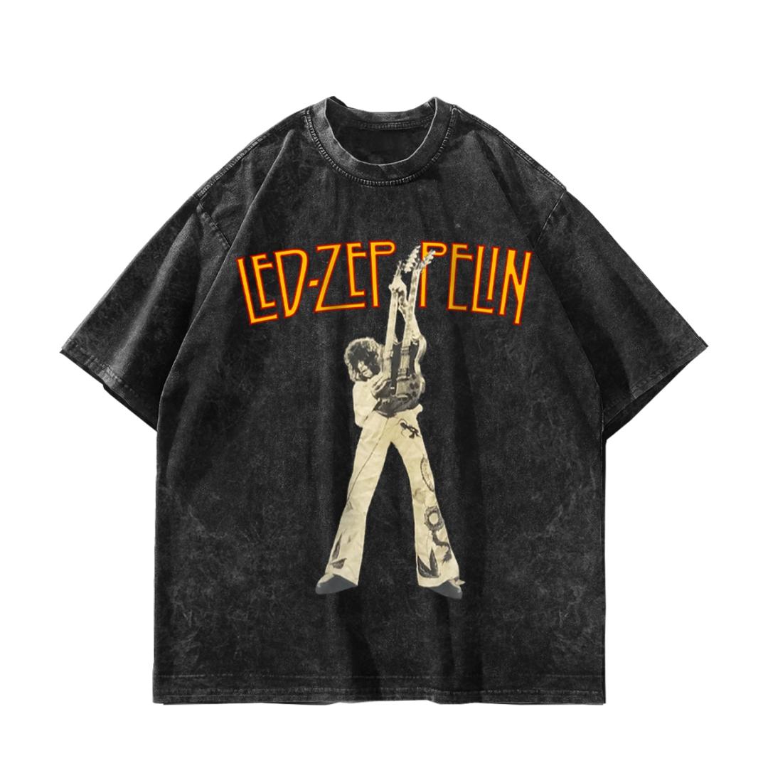 

LED ZEPPELIN логотип принт гитариста выцветшая футболка с коротким рукавом свободный крой унисекс модный бренд стиль повседневный уличный универсальный топ S чёрный