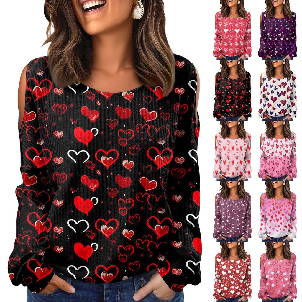 Women's Winter Oversized T-Shirt Fashionable Off-the-Shoulder Round Neck Vintage Floral Print Pullover Long-Sleeved Top