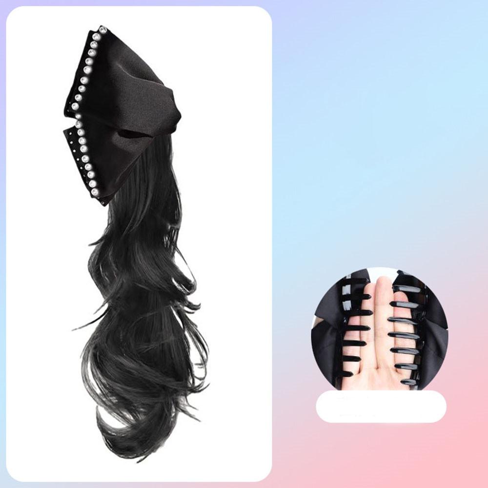 Synthetic Wig Elegant Women Pearl Black Bow Clip Curly Wig Natural Wavy Fake Ponytail Grabber Extension