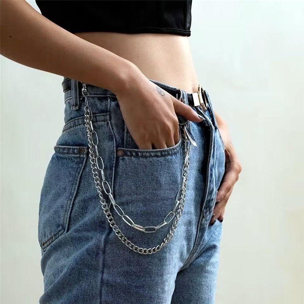 Hip Hop Metal Tags Waist Chain Hipster Multi-layer Key Chains Layered Jeans Chain  For Women Man