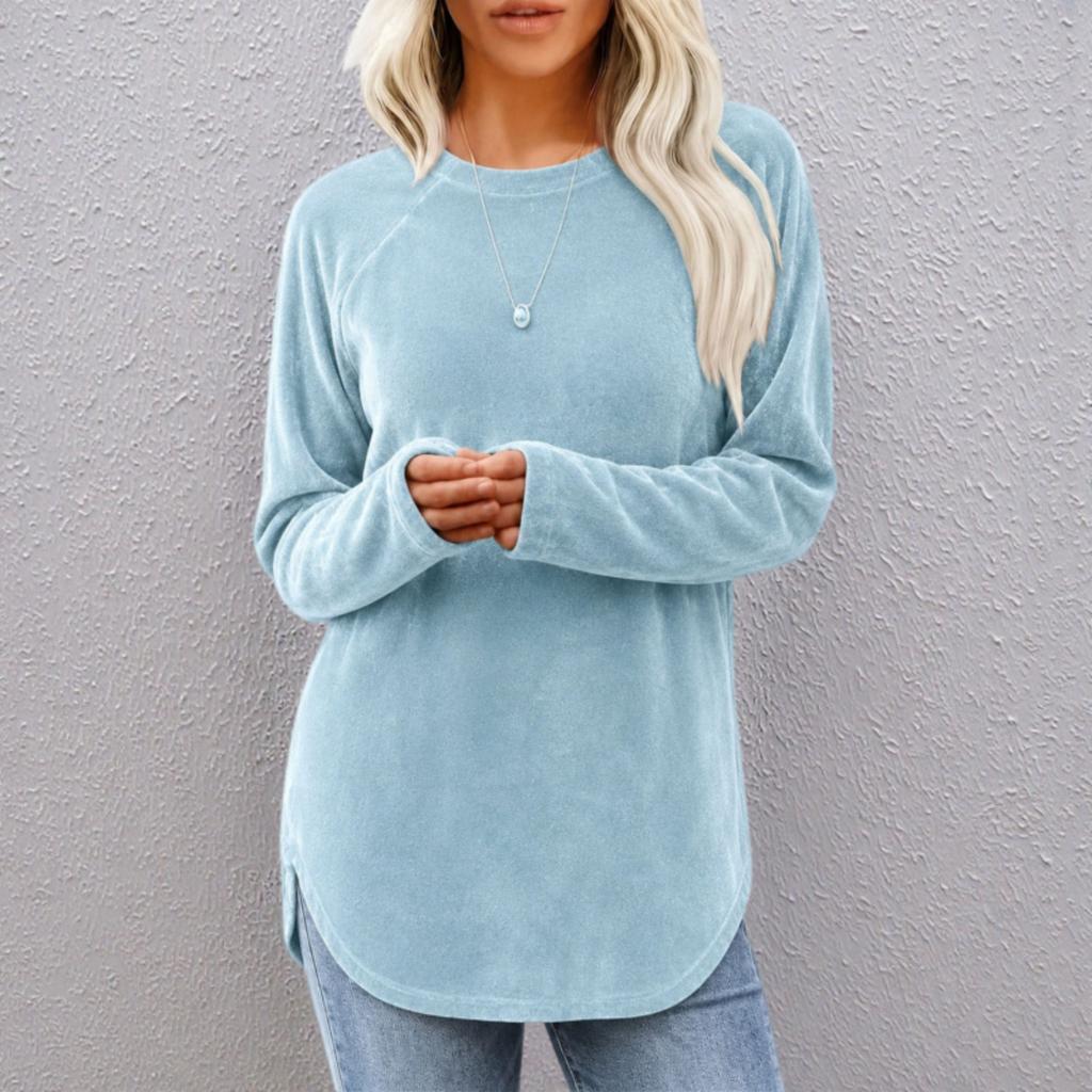 Women's Color Neck Long Sleeve Basic Pullover Top Retro