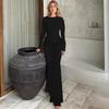 Women's Fashion Round Neck Long Sleeve Slim Dress New European and American Style Maxi Dresses Solid High Waist Party Long Gown