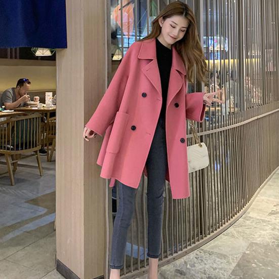 Fall Winter Women Woolen Jacket Thick Loose Turn-down Collar OL Commuting Jacket Double-breasted Mid Length Korean Style Overcoat Outerwear