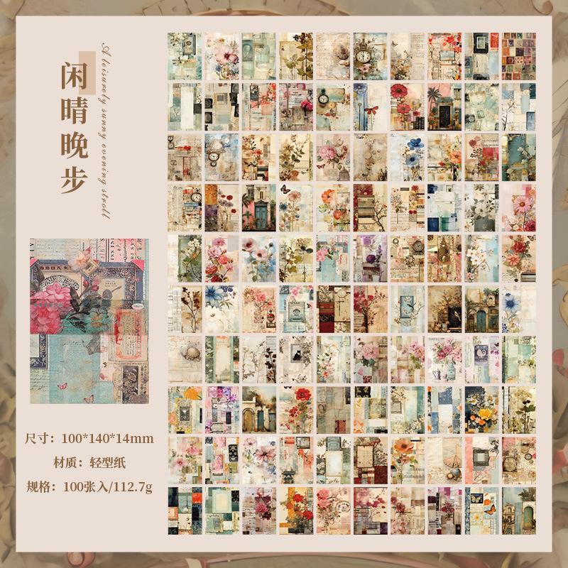 100 pcs Vintage Flowers pattern material paper DIY Decoration Scrapbook background paper for Junk Journal craft paper