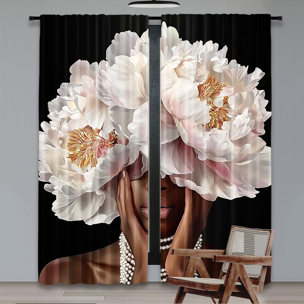 2Pcs African American Curtain Black Girl Pink Peony Floral Retro Rose Pearl Artwork Suitable For Bedroom Bathroom Living Room