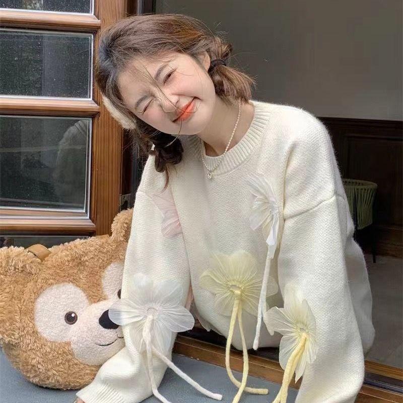 Women's Tied Flower Sweater Long Sleeved Round Neck Solid Color Pullover Top Casual Loose Korean Style Woman Trendy Top