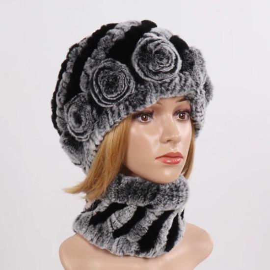 New Good Elastic Lady Winter Rex Rabbit Fur Hats Scarves Knitted Women Natural Fur Caps Scarves Sets 2 Pieces Hats Mufflers