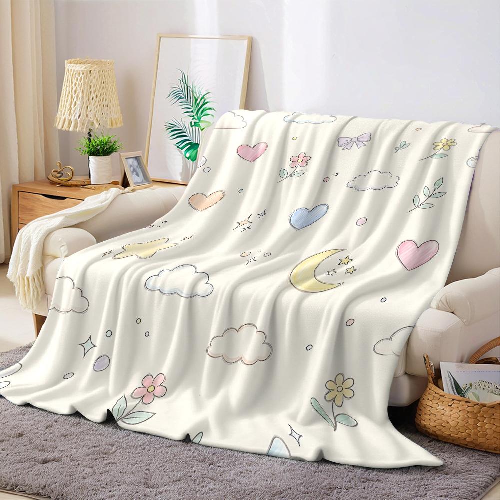 Pastel Doodle Sky Flannel Blanket Warm Soft Halloween Christmas Couch Warm Cozy Decorative Decor Gift for All Season