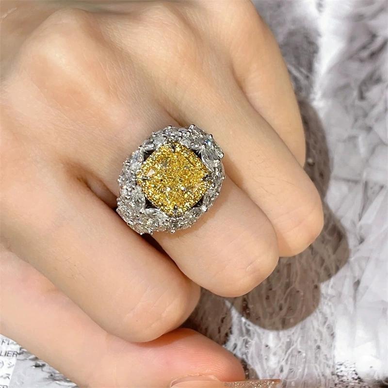 Luxury Women'sv Yellow CZ Crystal Stone Ring for Women Party Elegant Lady Finger Anniversary Gift  Sterling Silver