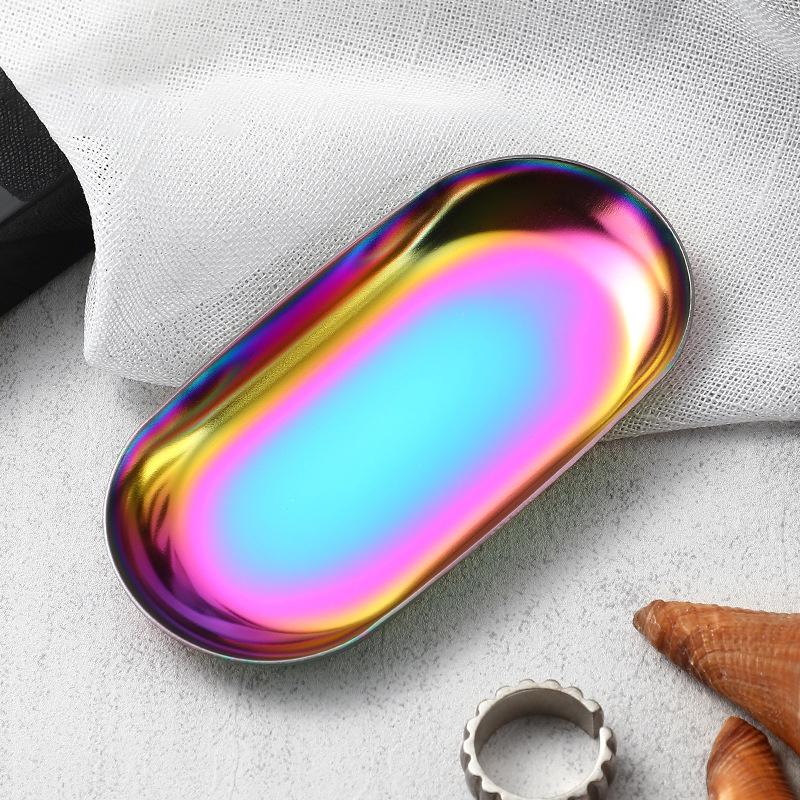 

Поднос для хранения ювелирных изделий из нержавеющей стали, металлический поднос для хранения косметики, овальный поднос для торта, фруктов, десертов, тарелка для закусок, кухонный органайзер разноцветный