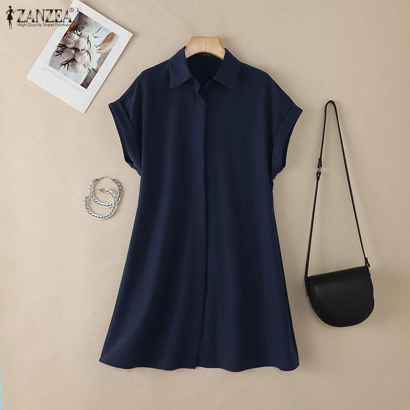 ZANZEA Damen Casual Turn Down Kragen Sommer Kurzarm Shirt Kleid
