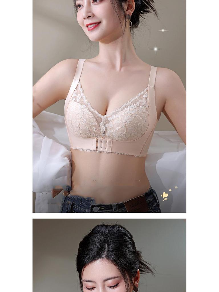 Women's Front Buckle Push-Up Lace Bra with Side Support, Anti-Sagging for Small Chest