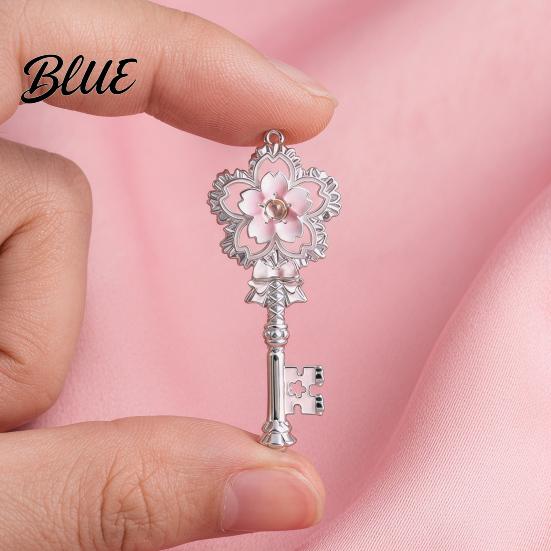 Key Pendant Necklace Cherry Blossom Pink Enamel Alloy Choker Romantic