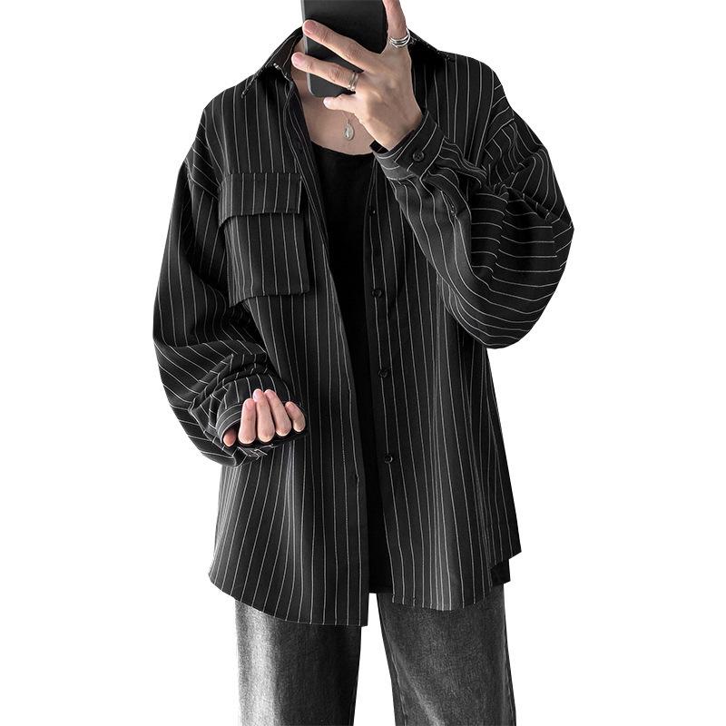 Men's Harajuku Style Striped Long Sleeve Shirt - Trendy, Casual, Loose-Fit, Versatile Korean Button-Down Jacket