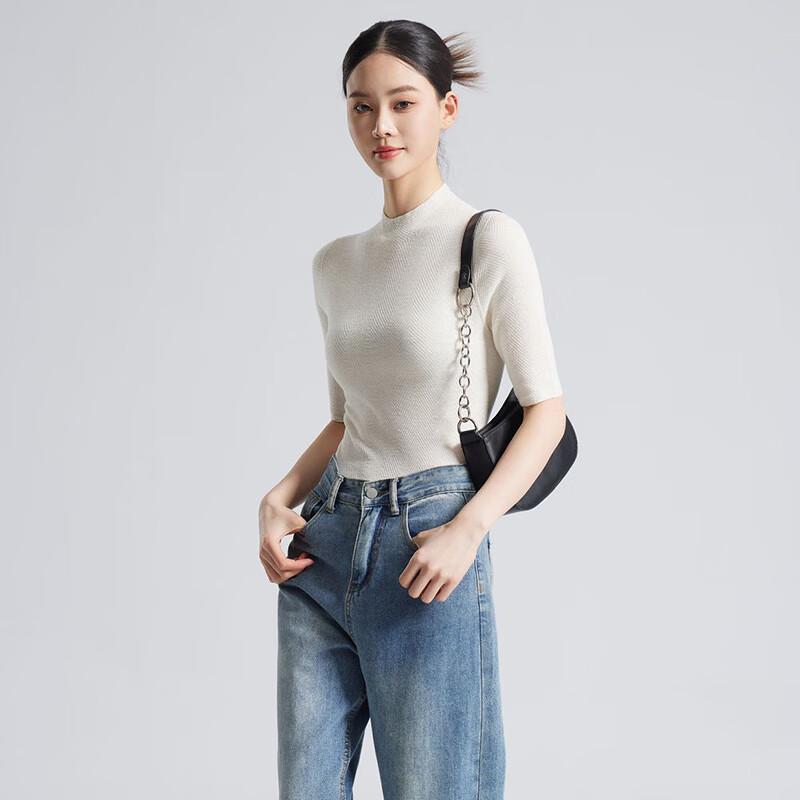 Fengxun Women's Silk Blend Stand Collar Mid-Sleeve Knit Top