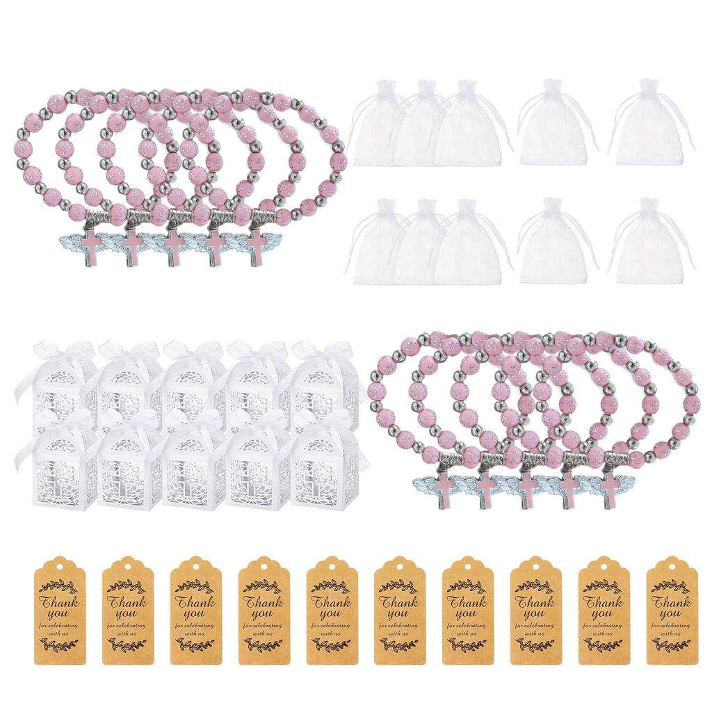 10pcs Elegant Baptism Gift Set Angel Cross Rosary Bracelet and Favor Boxes Beaded Prayer Handchain Baptism Supplies