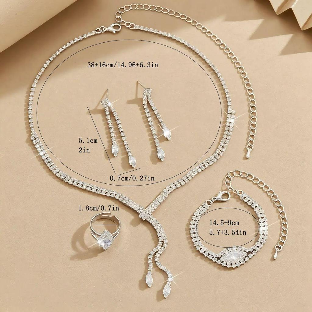 Elegant Full Diamond Jewelry Set: Necklace, Earrings, Bracelet, Ring for Weddings and Banquets