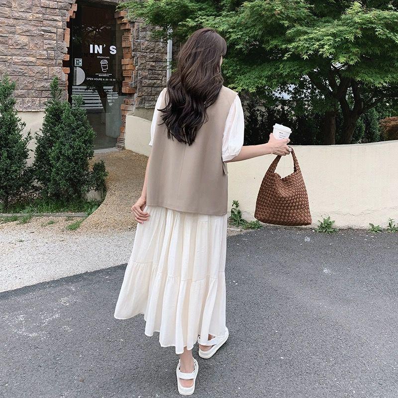 Women's Summer 2026 White Retro Vest and Pleated Long Dress Set