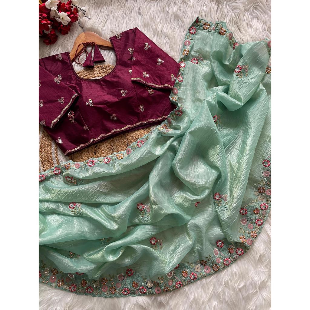 Premium Gold Crush Fabric with  Multi Thread Sequins C Pallu Work with Arco Cut Border Saree