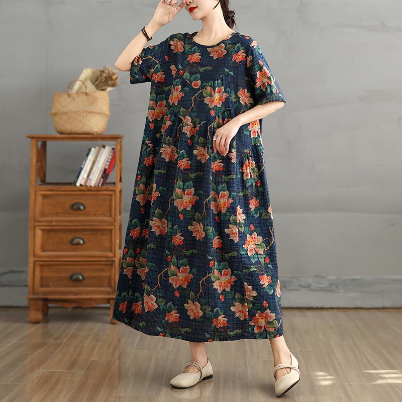 Dimanaf Vestido vintage de talla grande de verano 2025 para mujer, vestido informal, holgado, básico, con estampado floral, vestido largo