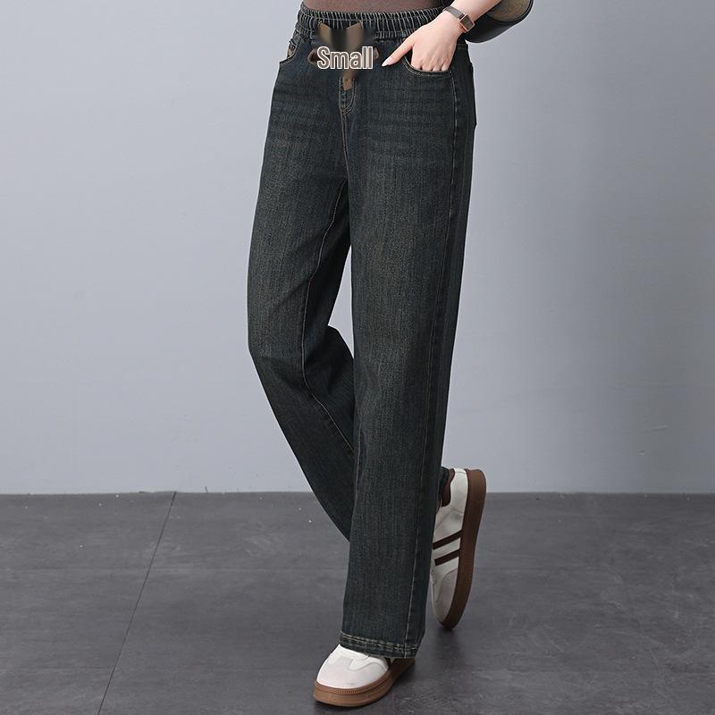 Women's Retro Elastic Waist Jeans, Plus Size, Slimming Straight Leg, Spring/Autumn 2025.