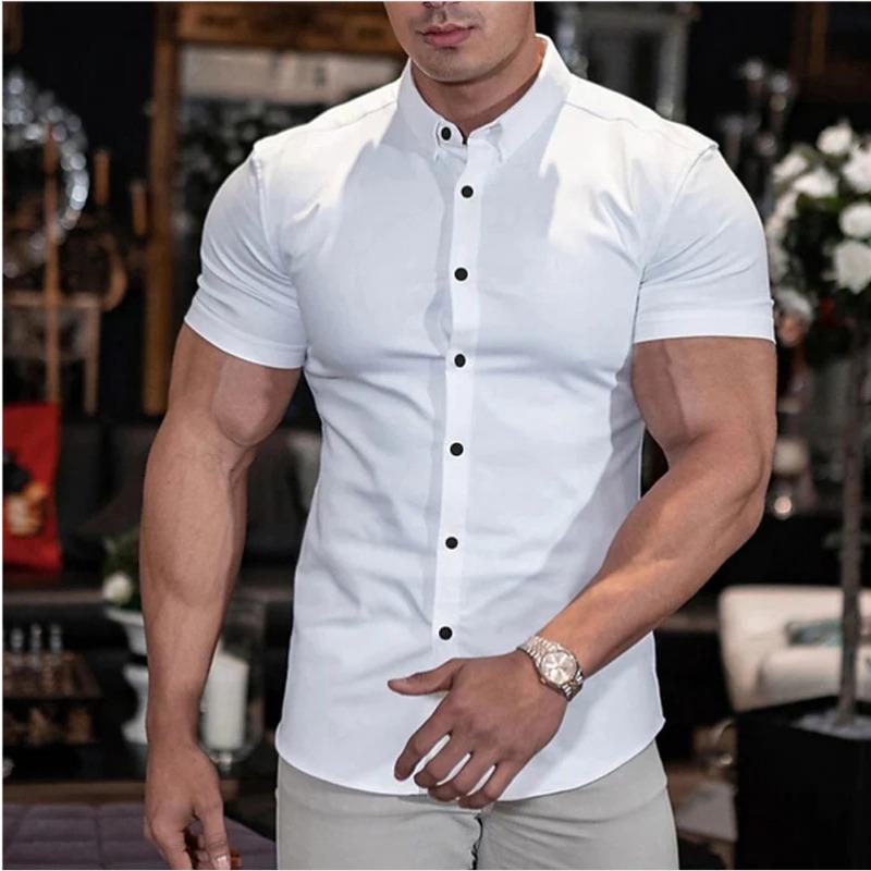 Men Muscle Fit Short Sleeve Dress Shirt Stretch Fabric Button Down Collar Casual and Business Blouse S