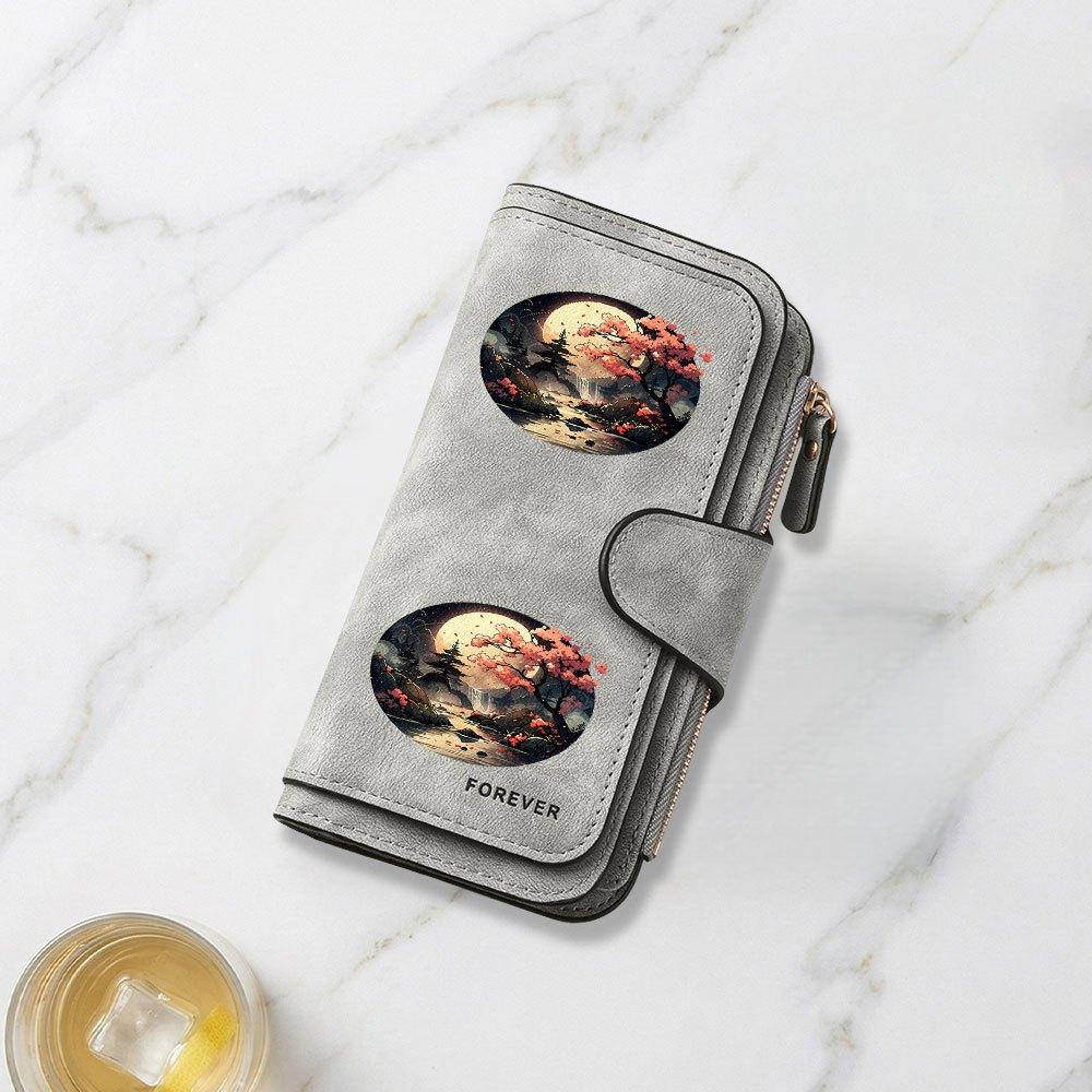 Fashionable Long Wallet with Cherry Blossom Streams Under Full Moon Print Design Eye Catching Multifunctional Portable with Secure Clasp for Daily